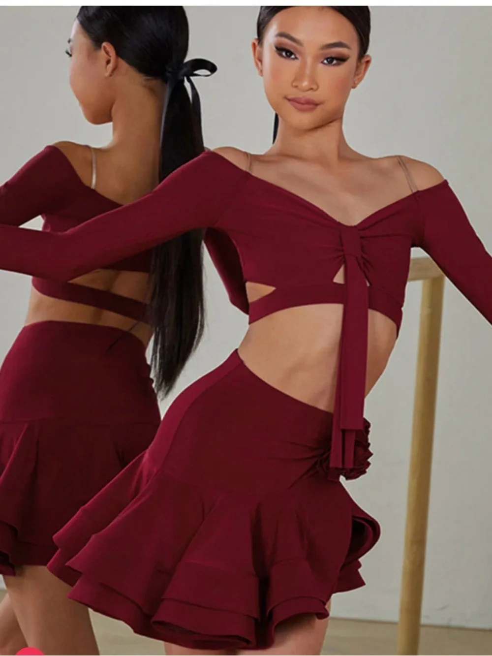 Girls Red Two-Piece Ballroom Set with Ruffle Skirt